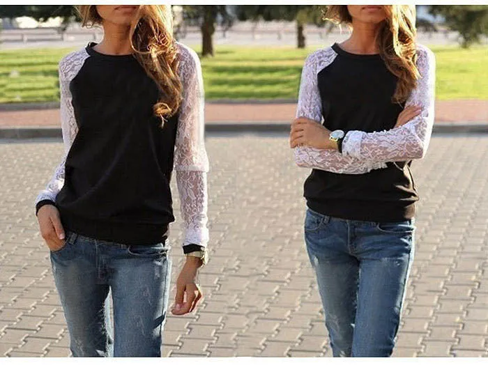 Lace Blouse Shirt female Long Sleeve Blouse Shirt Blouse Shirt Tops Solid O Neck Casual clothing