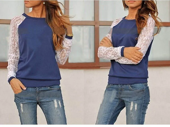 Lace Blouse Shirt female Long Sleeve Blouse Shirt Blouse Shirt Tops Solid O Neck Casual clothing