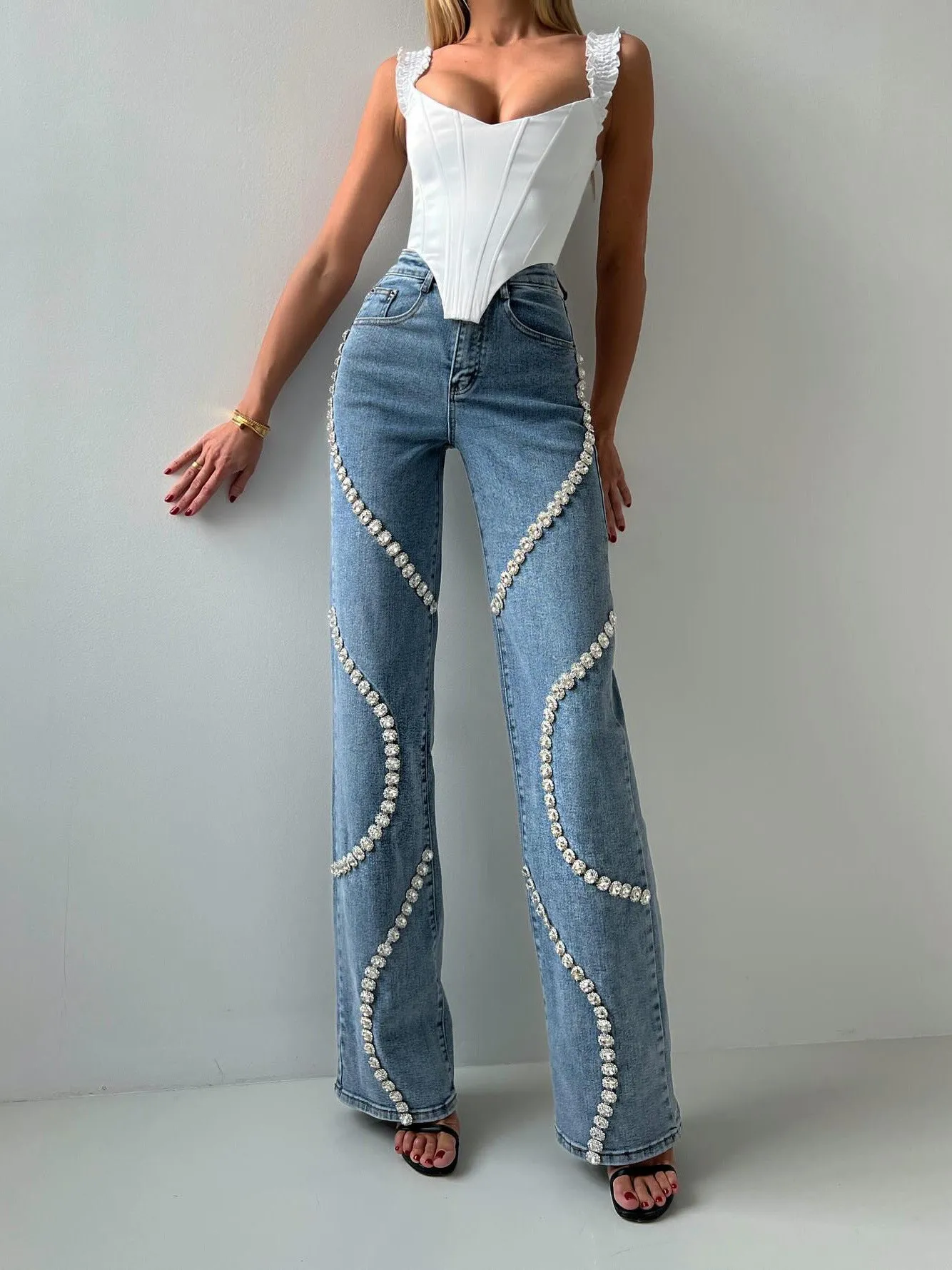 Loose Straight Leg Jeans – Fashionable Casual Pants with Rhinestone Denim Design for Women