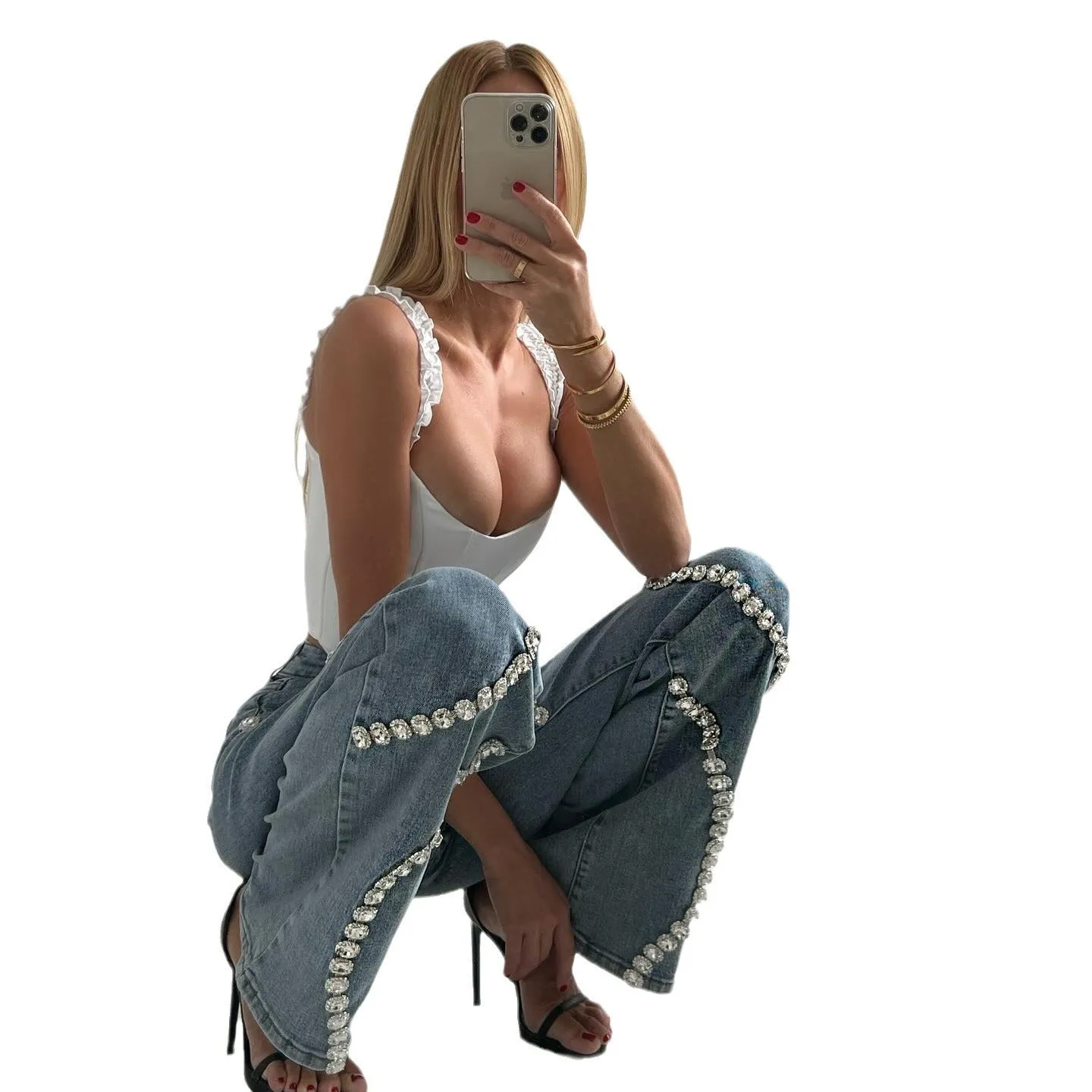Loose Straight Leg Jeans – Fashionable Casual Pants with Rhinestone Denim Design for Women