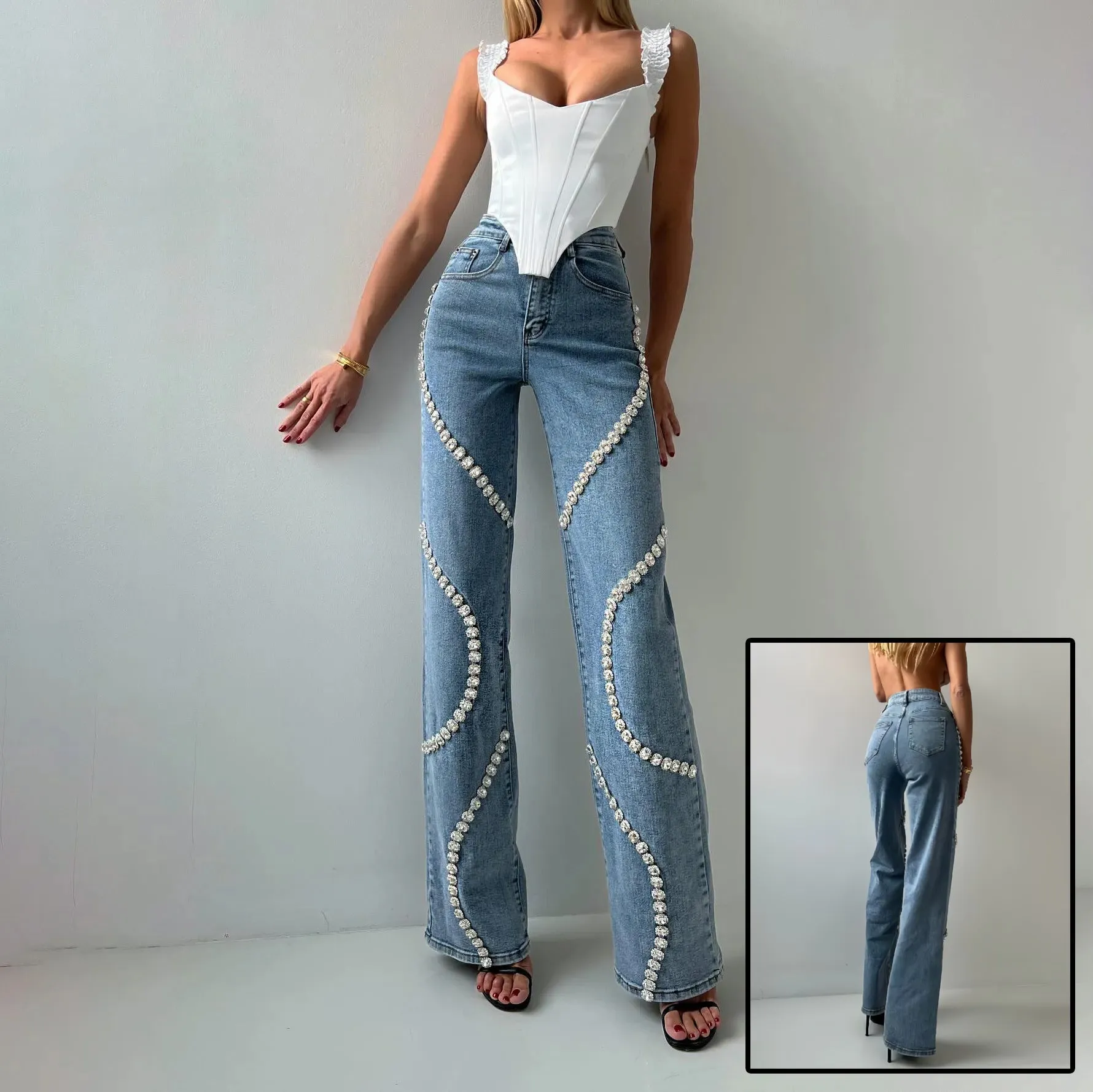 Loose Straight Leg Jeans – Fashionable Casual Pants with Rhinestone Denim Design for Women