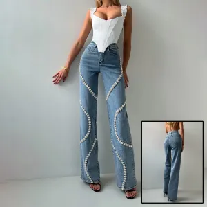 Loose Straight Leg Jeans – Fashionable Casual Pants with Rhinestone Denim Design for Women