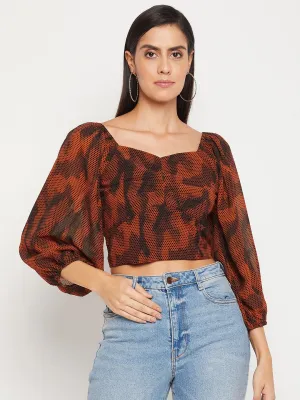 Madame Abstract Print Rust Orange Balloon Sleeve Crop Top