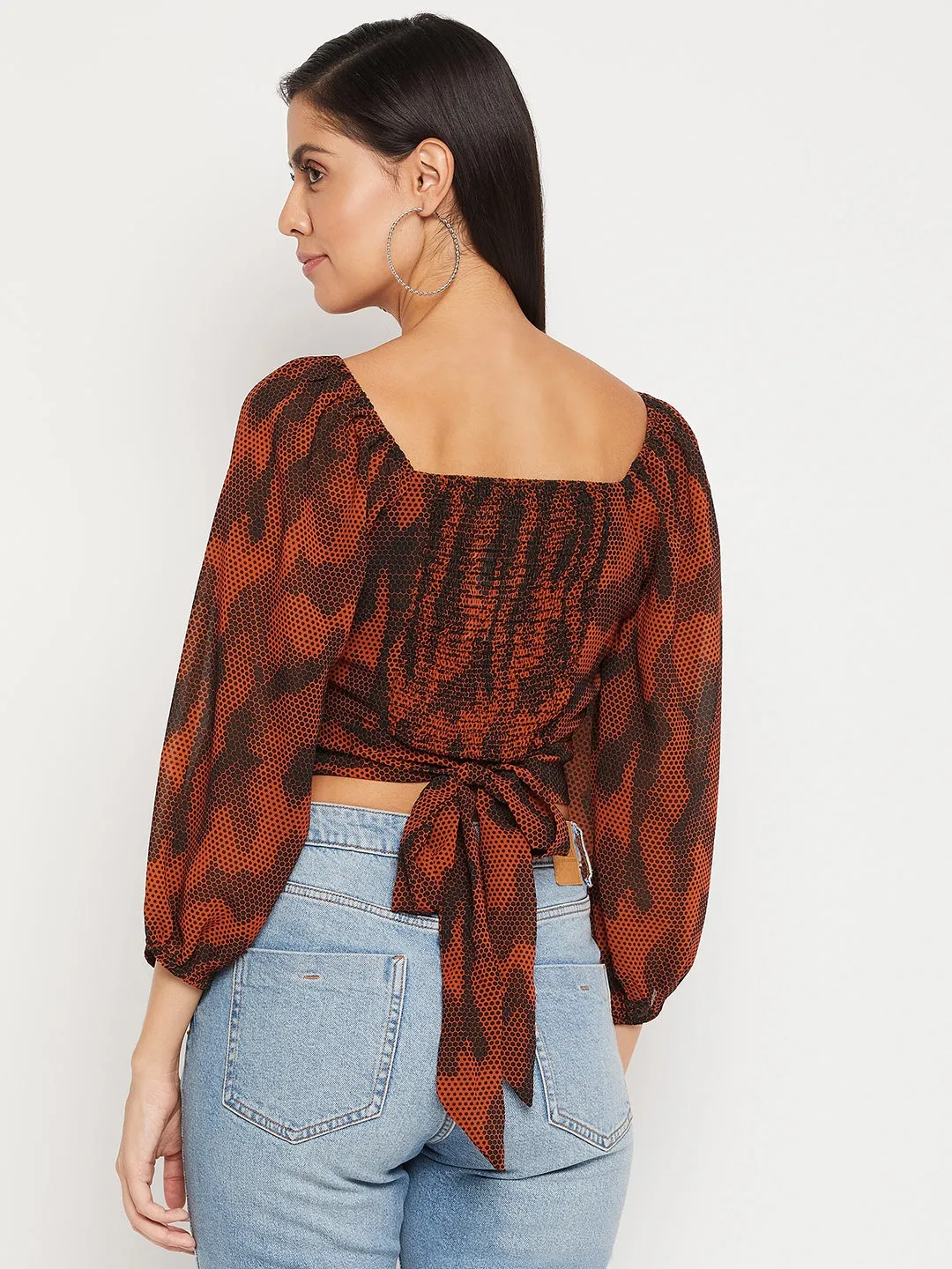 Madame Abstract Print Rust Orange Balloon Sleeve Crop Top