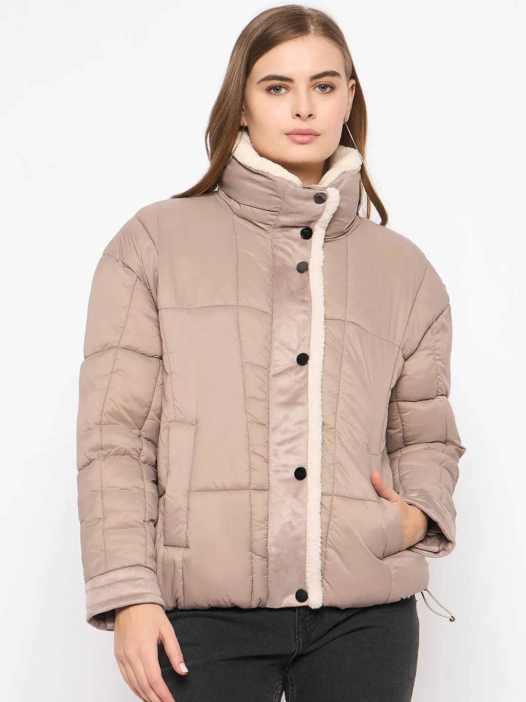 Madame Fur Trim Nylon Beige Quilted Jacket