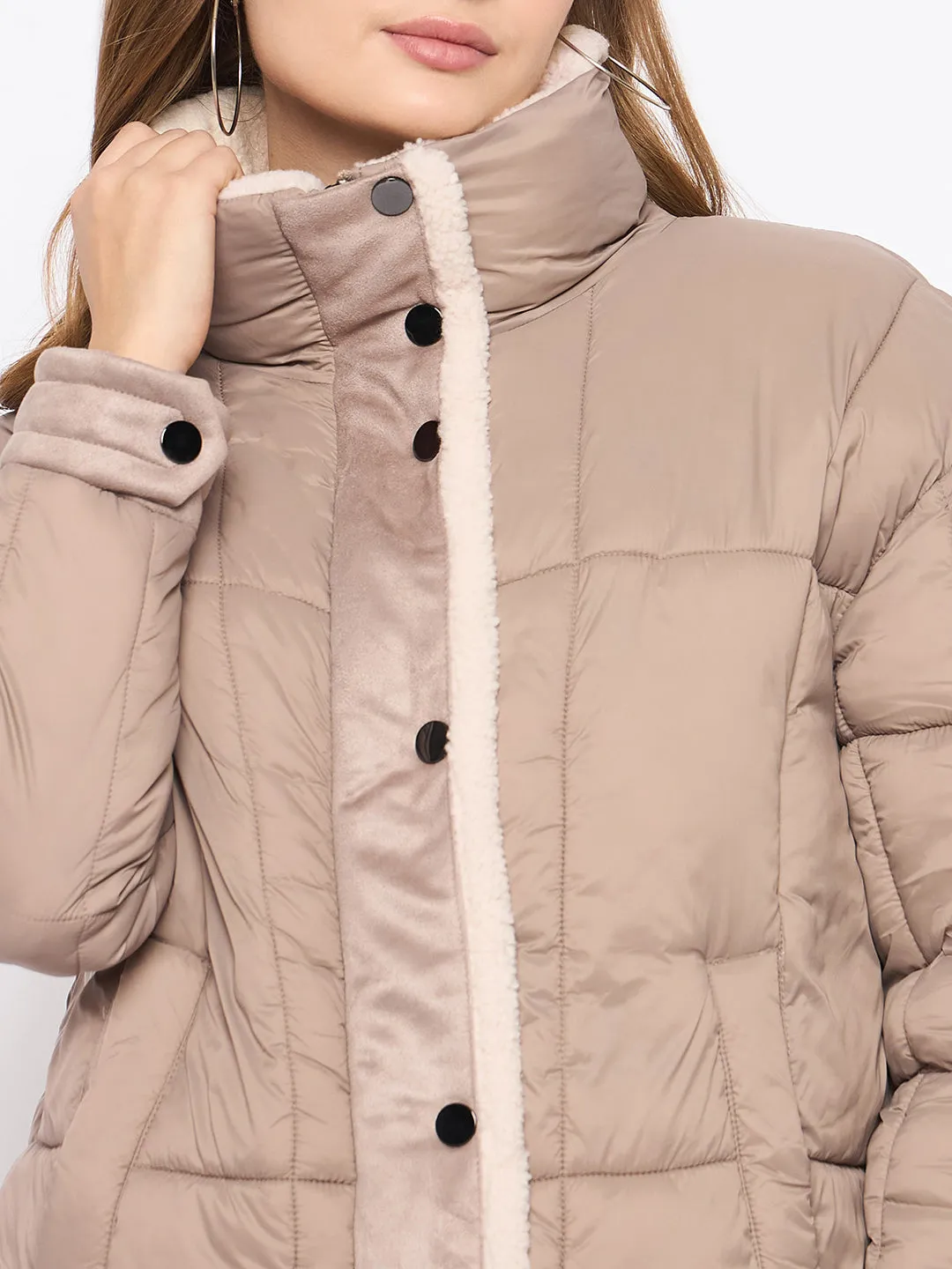 Madame Fur Trim Nylon Beige Quilted Jacket