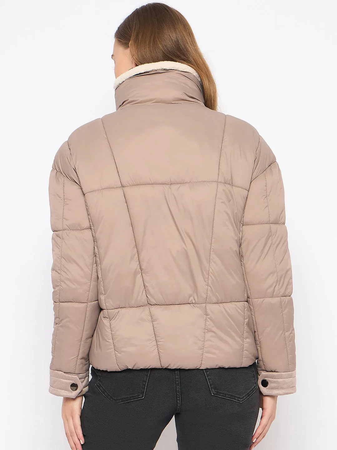 Madame Fur Trim Nylon Beige Quilted Jacket
