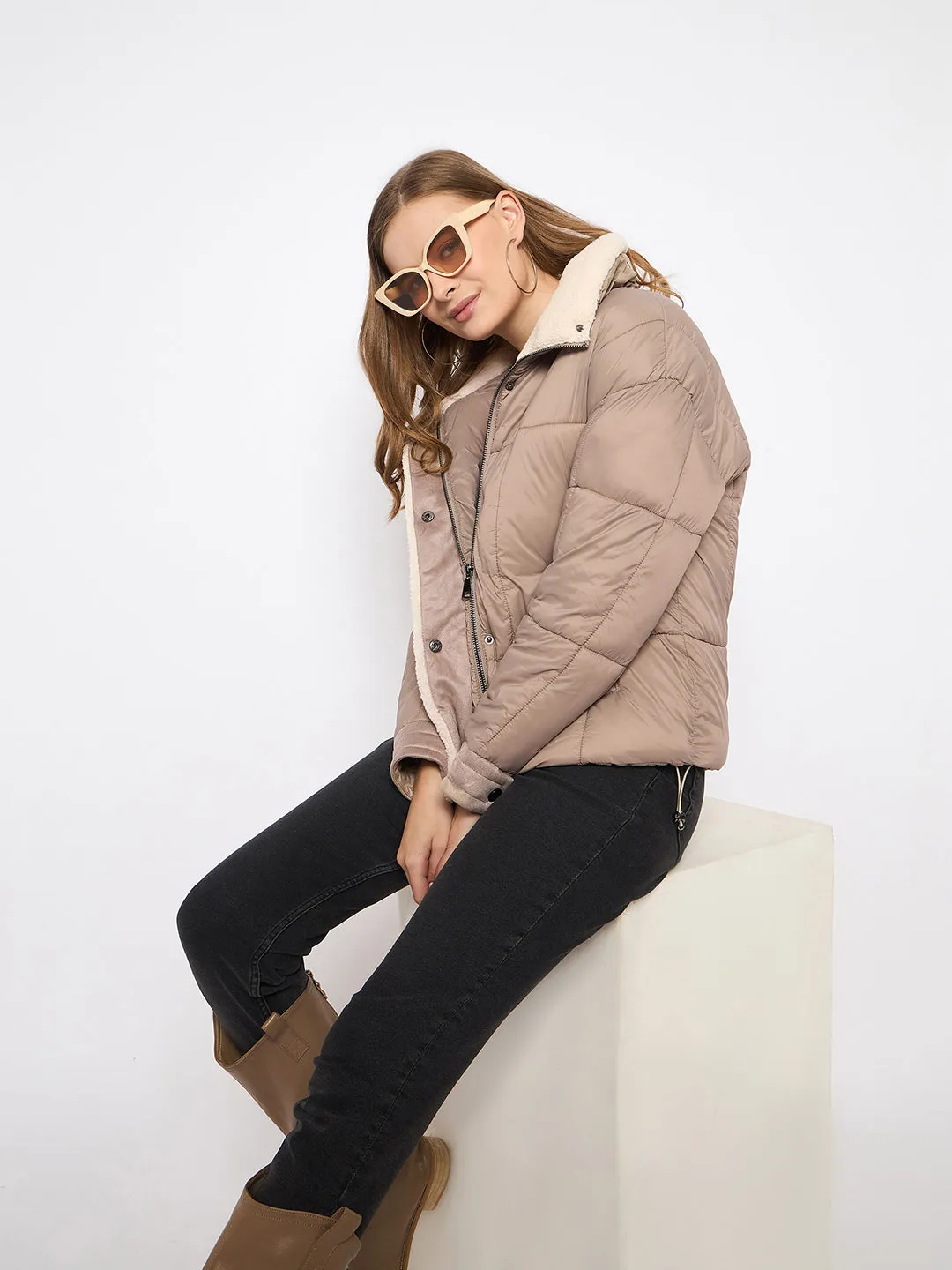 Madame Fur Trim Nylon Beige Quilted Jacket
