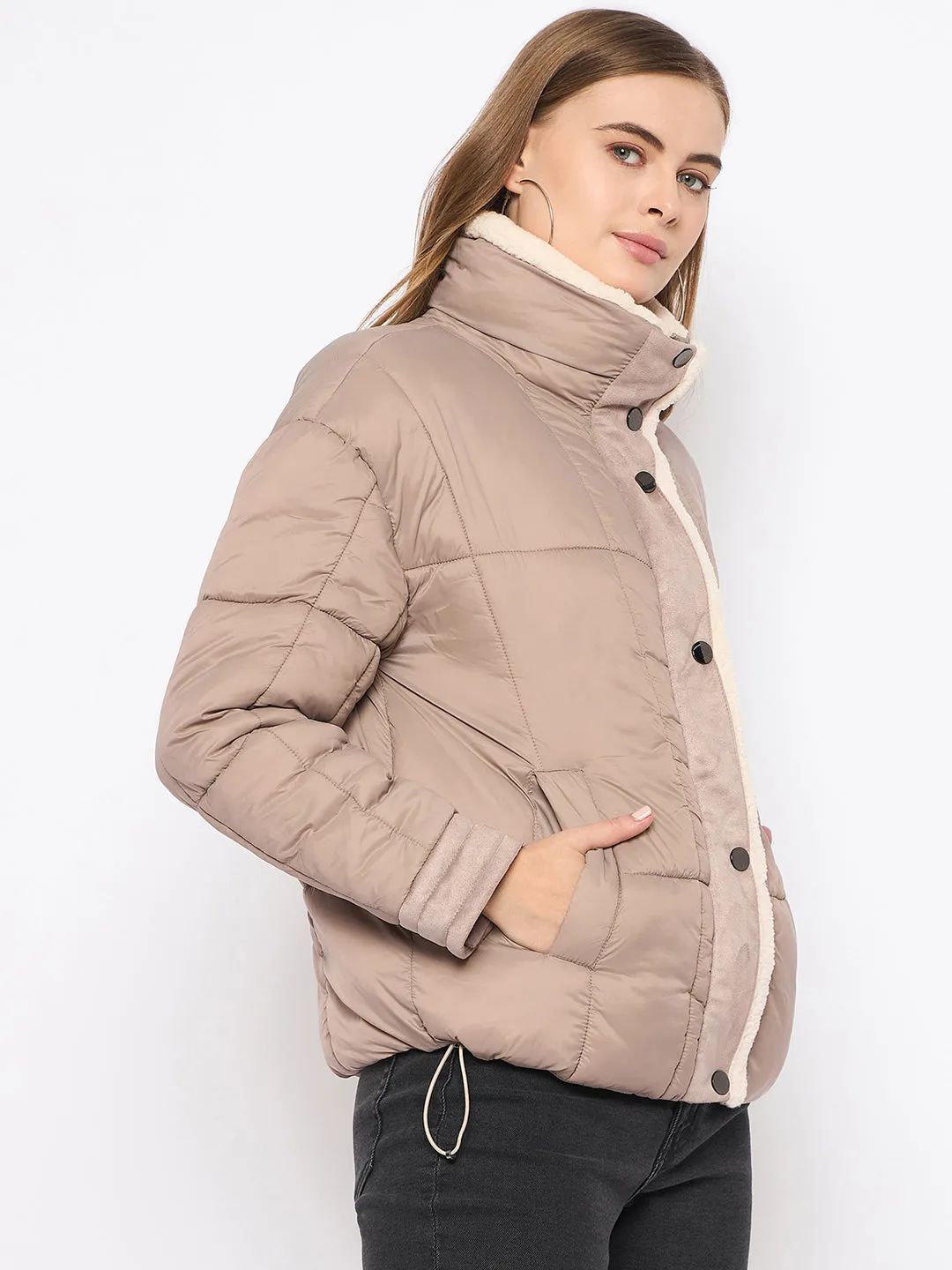 Madame Fur Trim Nylon Beige Quilted Jacket