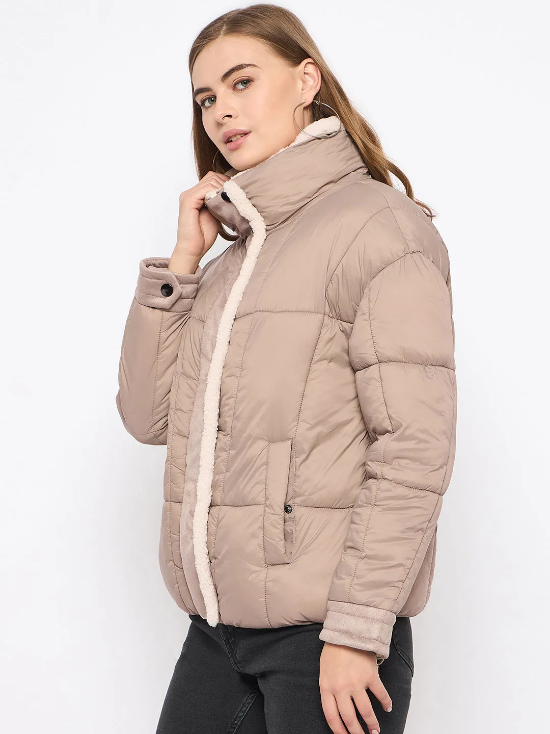 Madame Fur Trim Nylon Beige Quilted Jacket