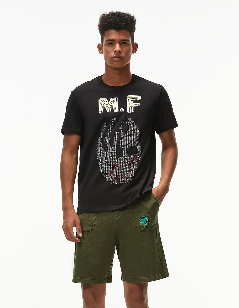 MARK FAST MEN OVERSIZE NAVY CASUAL SPORTS SHORTS WITH MF MONSTER PARK EMBROIDERY