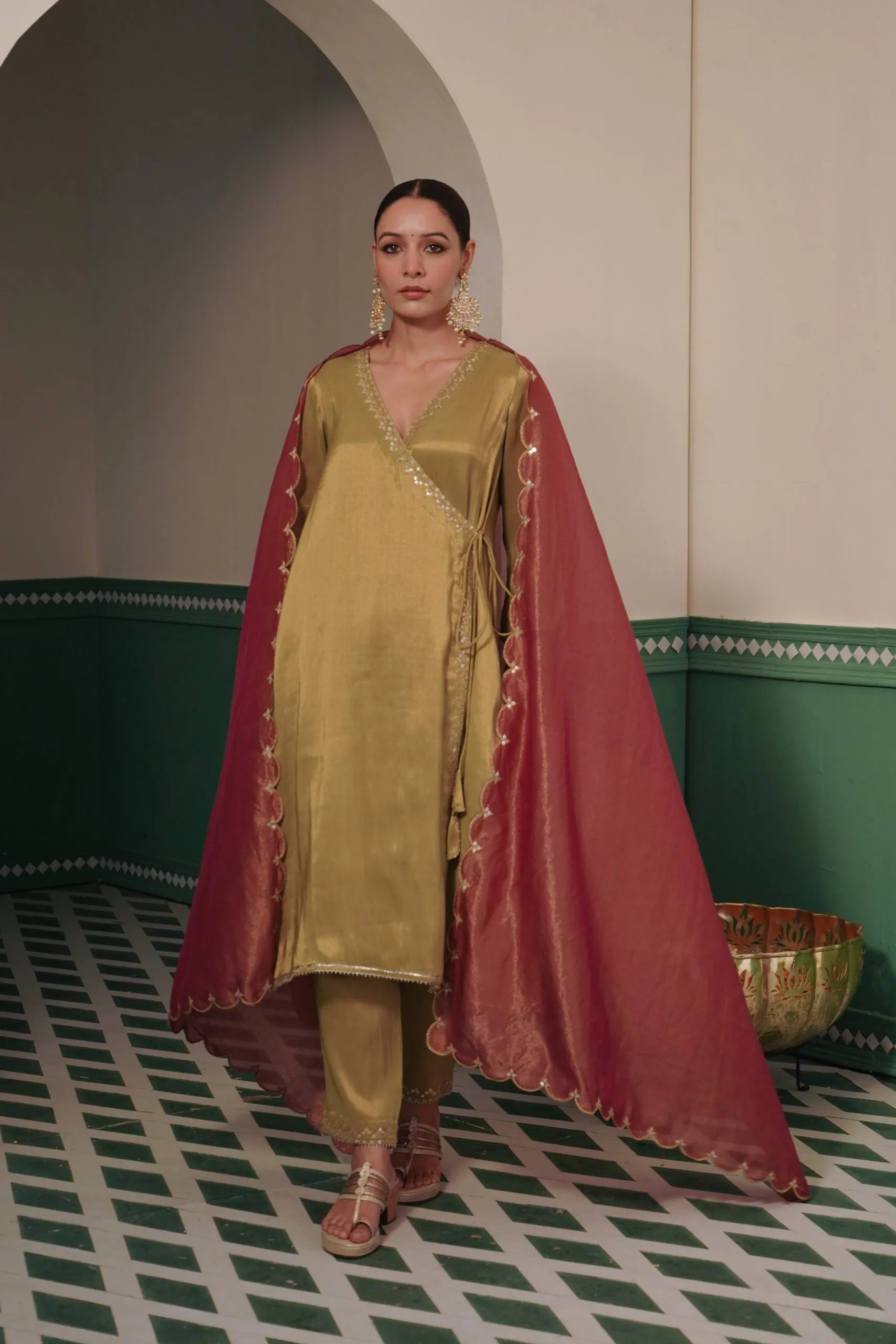 Meadow Green Tissue Angrakha and Narrow Pants with dori embroidery and sequins work for women