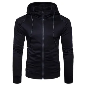 Men's Hooded PU Leather Panel Zip Up Drawstring Hoodie