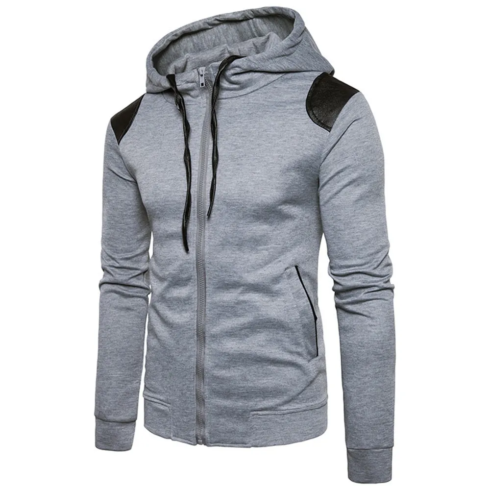 Men's Hooded PU Leather Panel Zip Up Drawstring Hoodie
