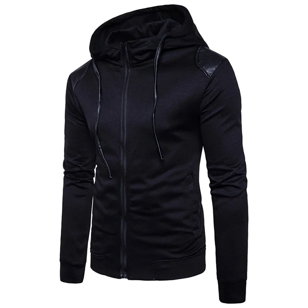 Men's Hooded PU Leather Panel Zip Up Drawstring Hoodie