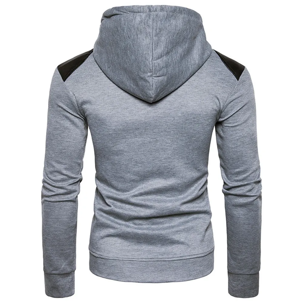 Men's Hooded PU Leather Panel Zip Up Drawstring Hoodie