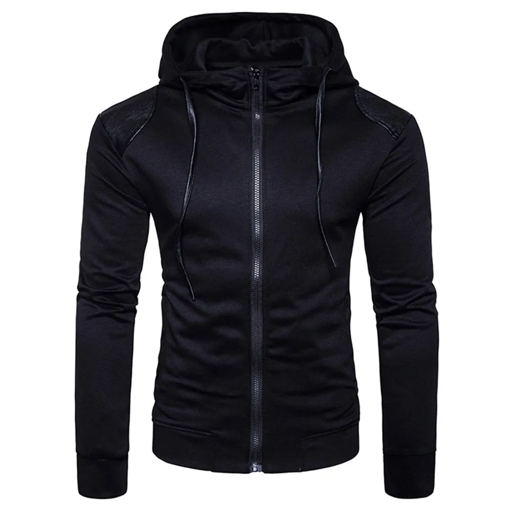 Men's Hooded PU Leather Panel Zip Up Drawstring Hoodie