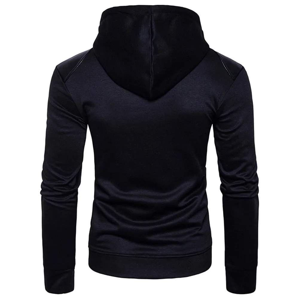 Men's Hooded PU Leather Panel Zip Up Drawstring Hoodie