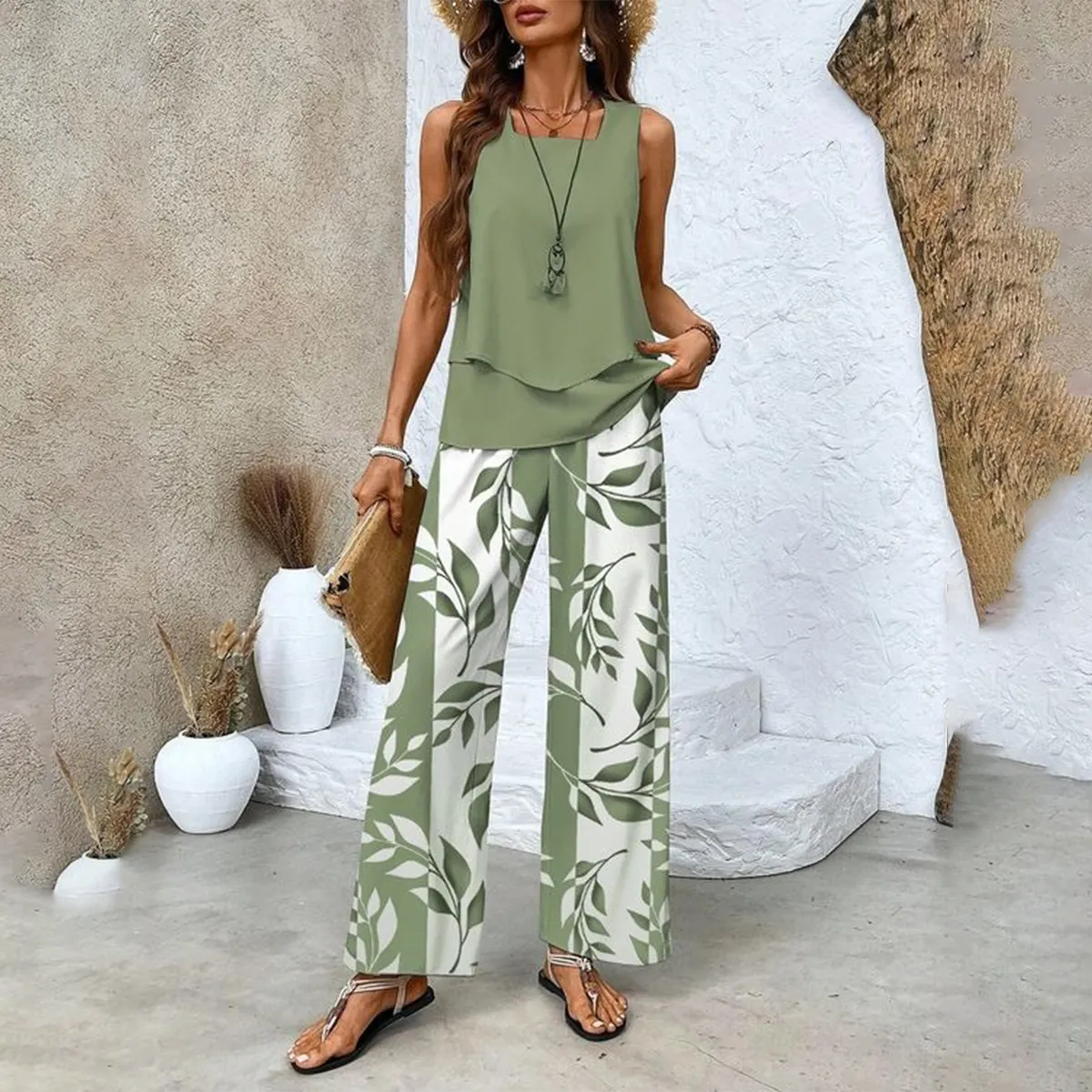 🔥Mother's Day Hot Sale 50% OFF🌺Women's Trendy Print 2 Piece Outfits Sleeveless Top & Pants