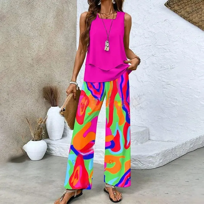 🔥Mother's Day Hot Sale 50% OFF🌺Women's Trendy Print 2 Piece Outfits Sleeveless Top & Pants