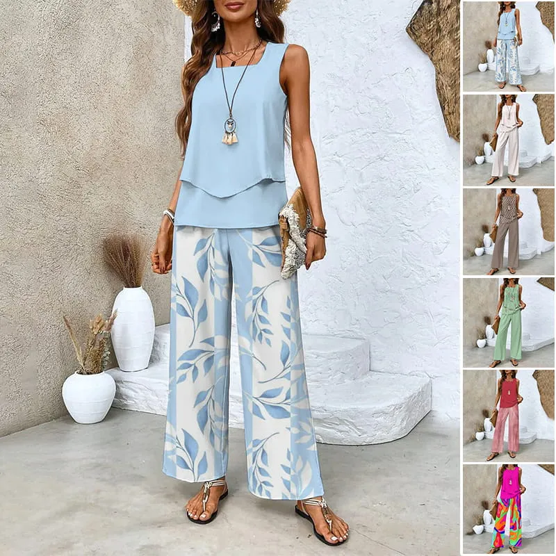 🔥Mother's Day Hot Sale 50% OFF🌺Women's Trendy Print 2 Piece Outfits Sleeveless Top & Pants