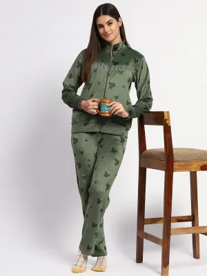 mSECRET Typography Adorned  Zipped Top and Bottom Green  Night Suit