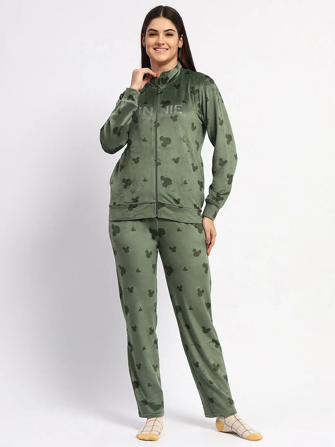 mSECRET Typography Adorned  Zipped Top and Bottom Green  Night Suit