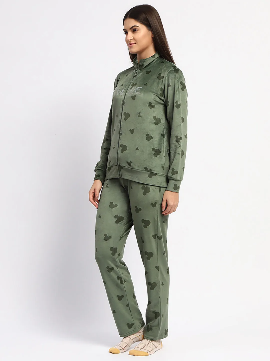 mSECRET Typography Adorned  Zipped Top and Bottom Green  Night Suit