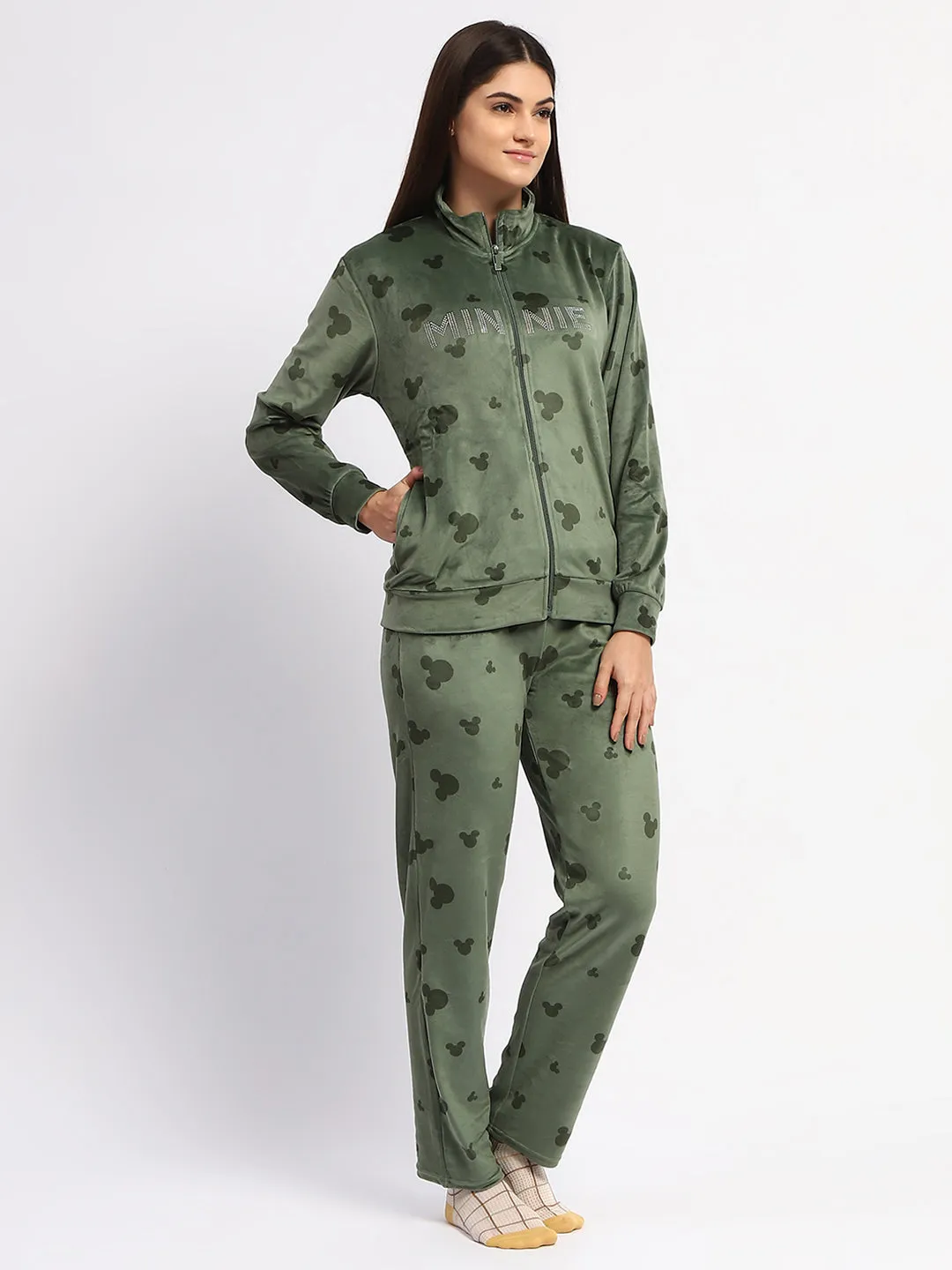mSECRET Typography Adorned  Zipped Top and Bottom Green  Night Suit