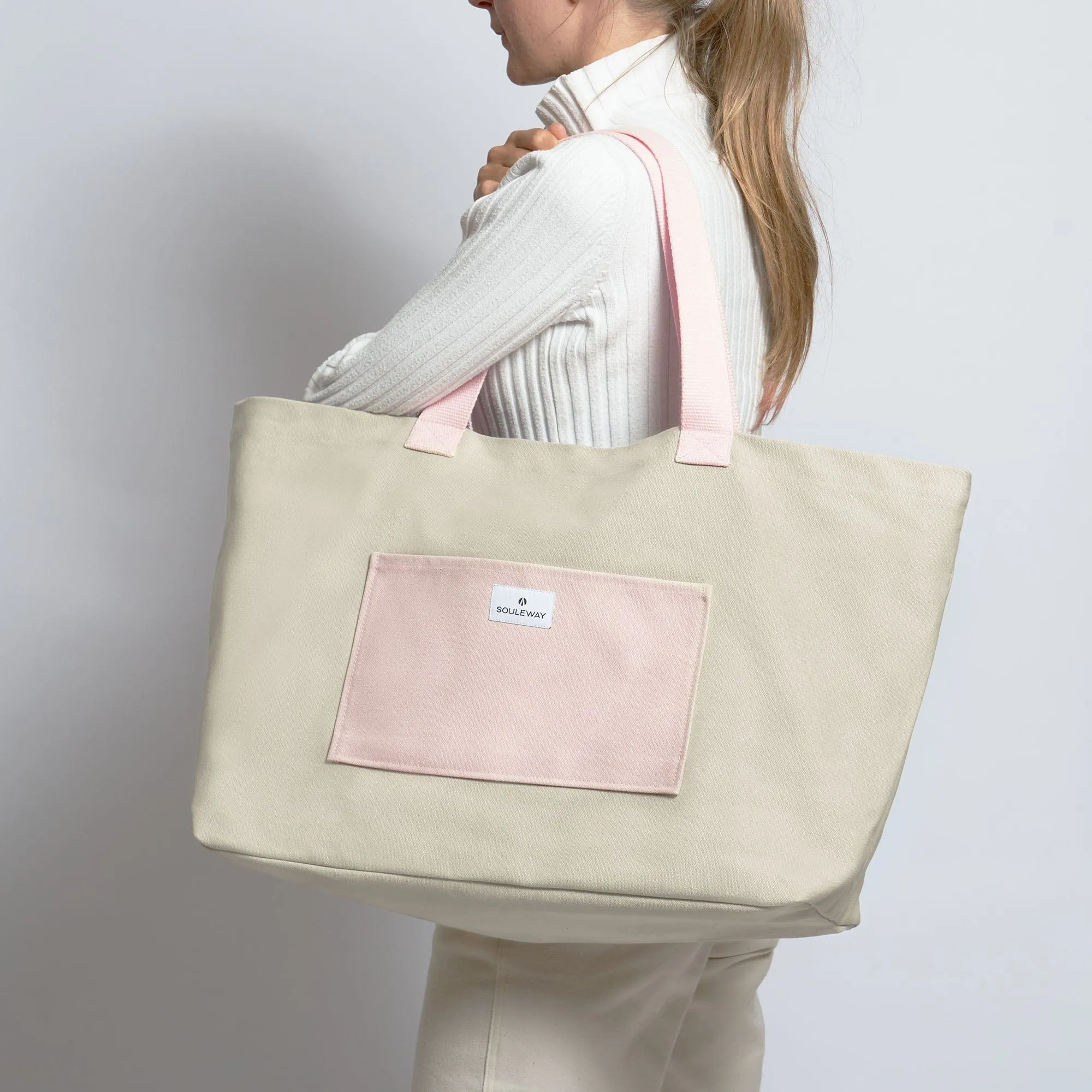 Natural Cotton Canvas Shopper | Sand & Pink