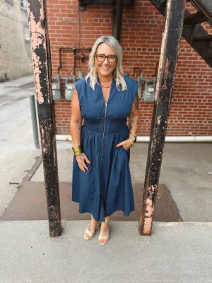 Navy V Neck Zip Up Dress