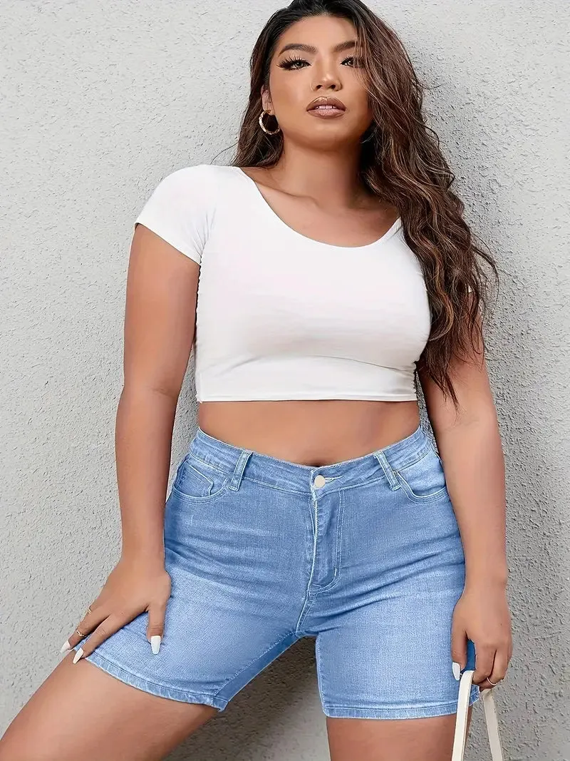 NEW Plus Size High-Rise Stretch Denim Shorts - Ultra-Comfortable, Distressed Details, Perfect for Casual Summer Fashion - Womens Classic Jean Shorts for Warm Weather Sz 2X