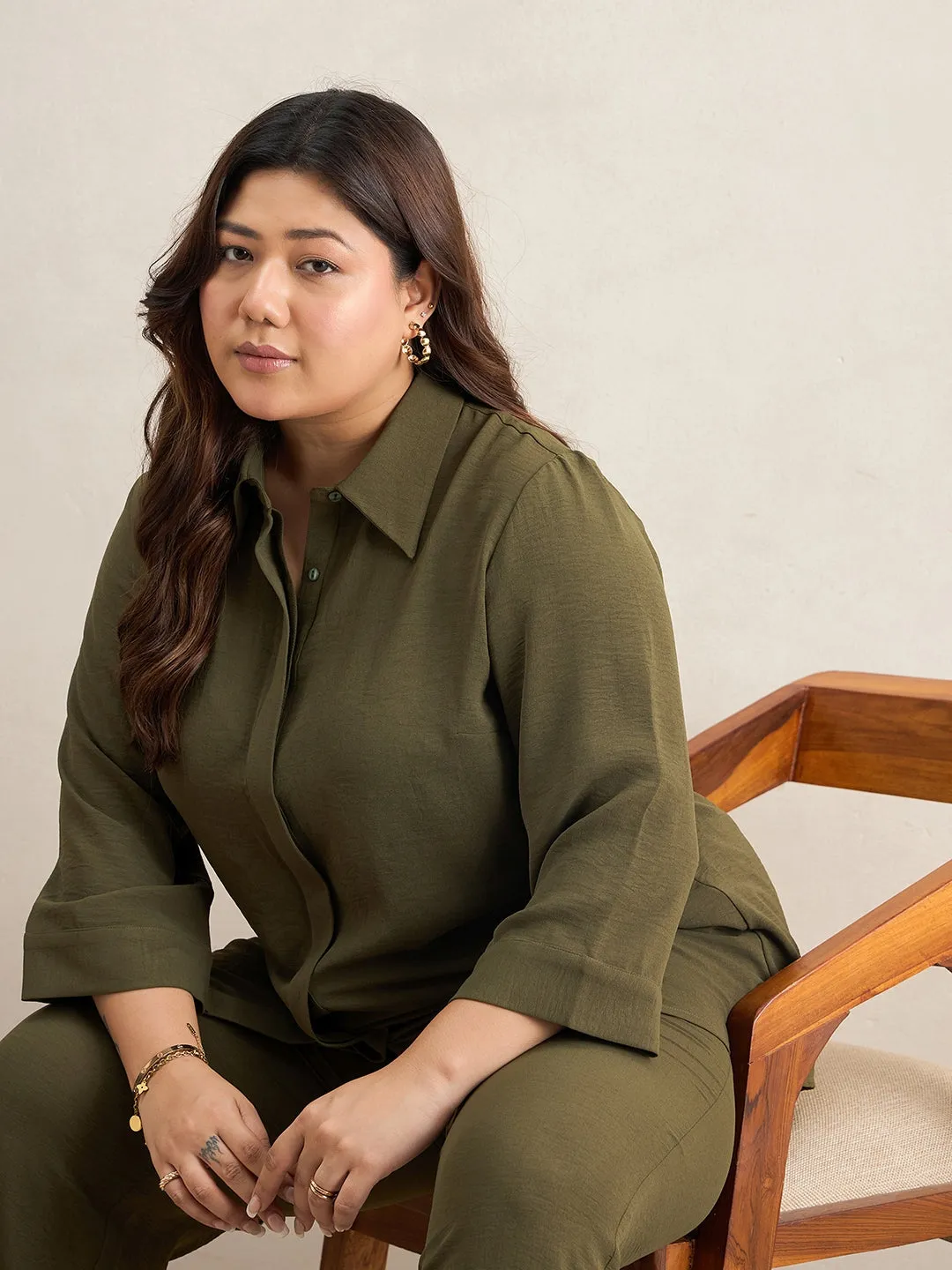 Olive Asymmetric Shirt And Pants Co-Ord Set