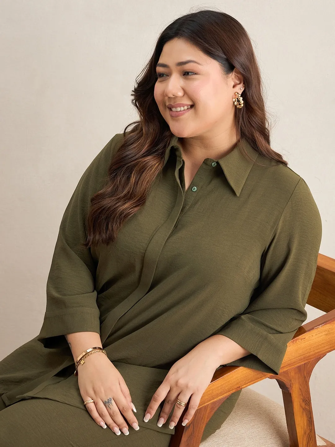 Olive Asymmetric Shirt And Pants Co-Ord Set
