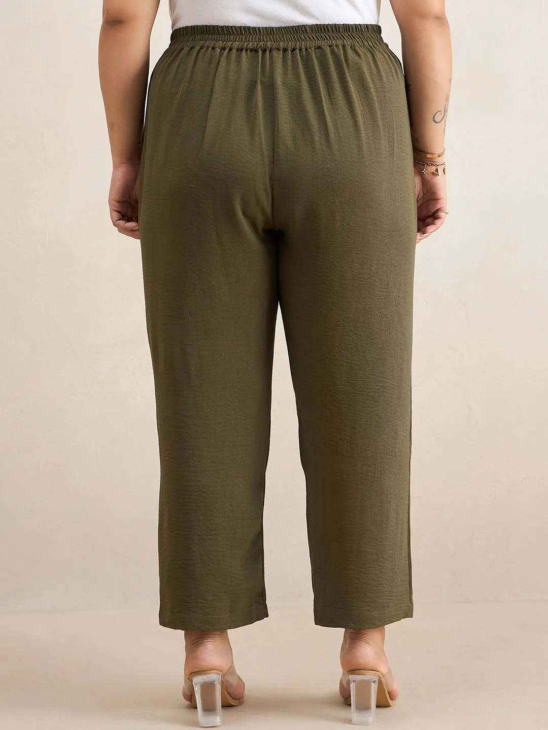 Olive Asymmetric Shirt And Pants Co-Ord Set