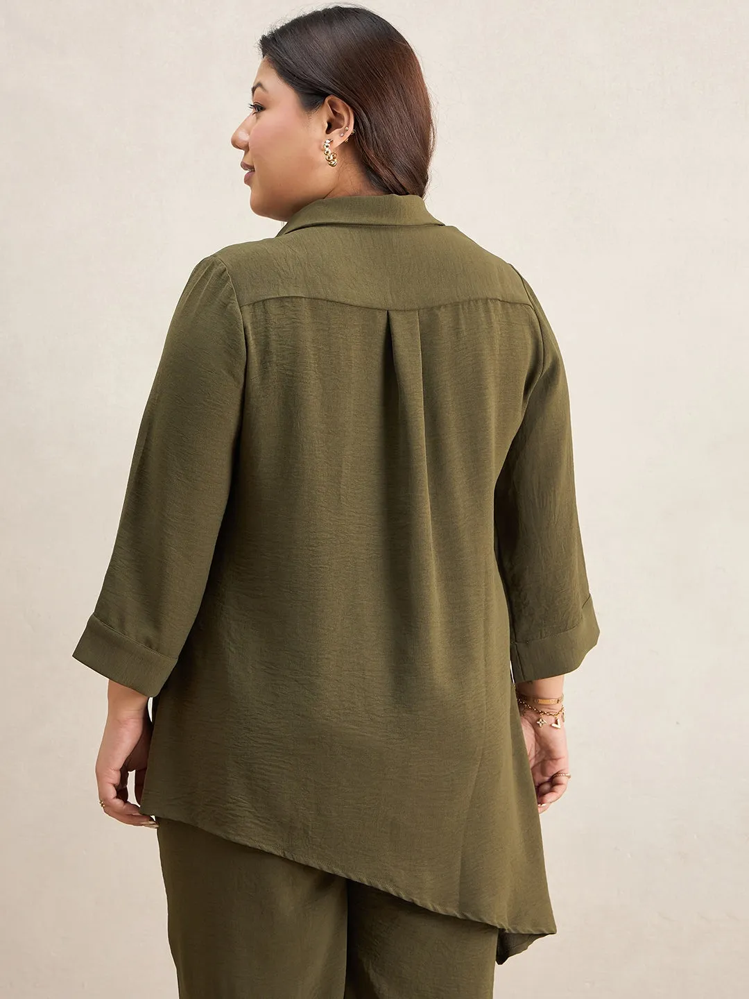 Olive Asymmetric Shirt And Pants Co-Ord Set