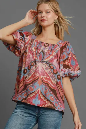 Pink Abstract Print Smocked Square Neck Puff Sleeve Blouse