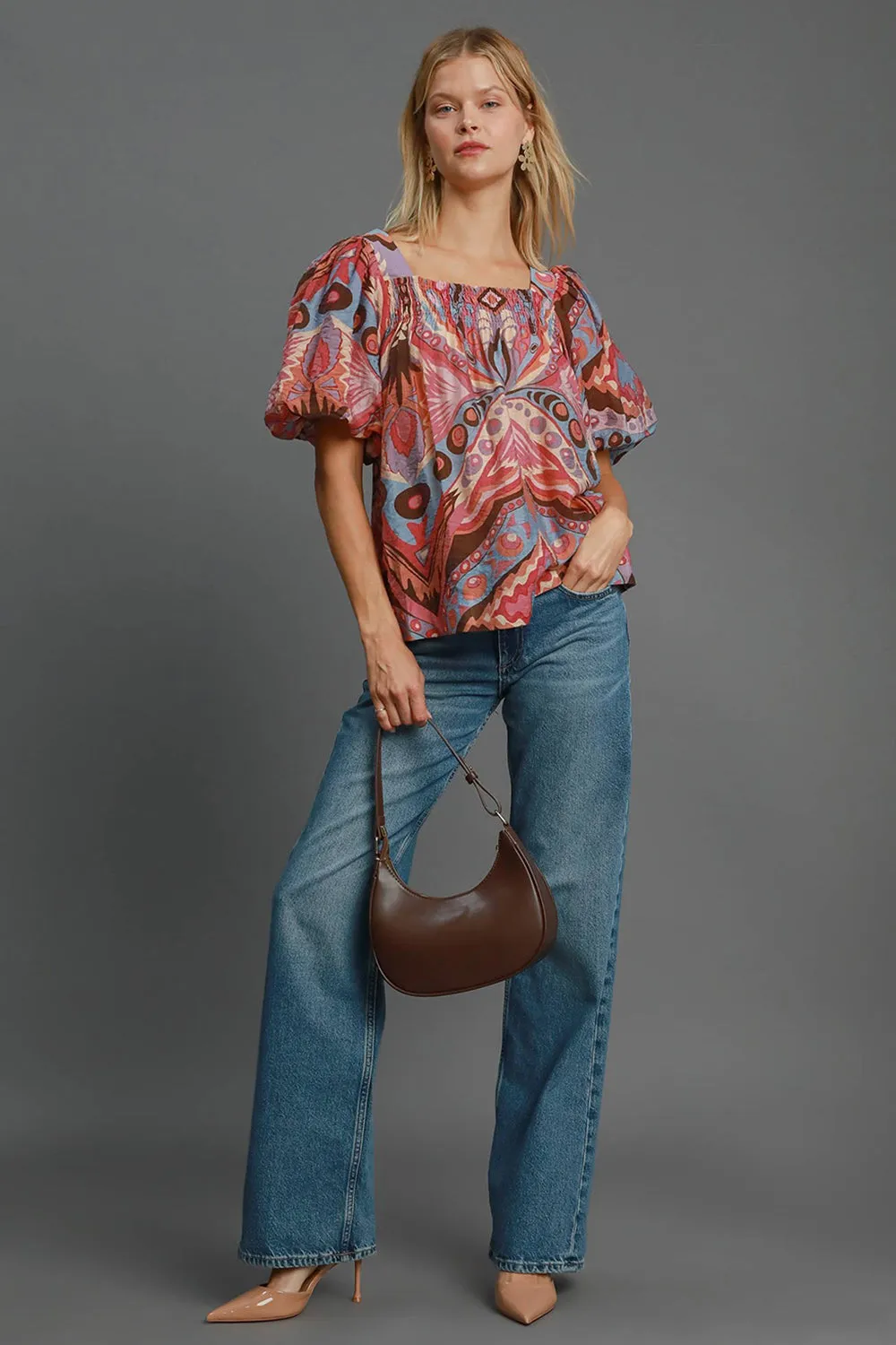 Pink Abstract Print Smocked Square Neck Puff Sleeve Blouse