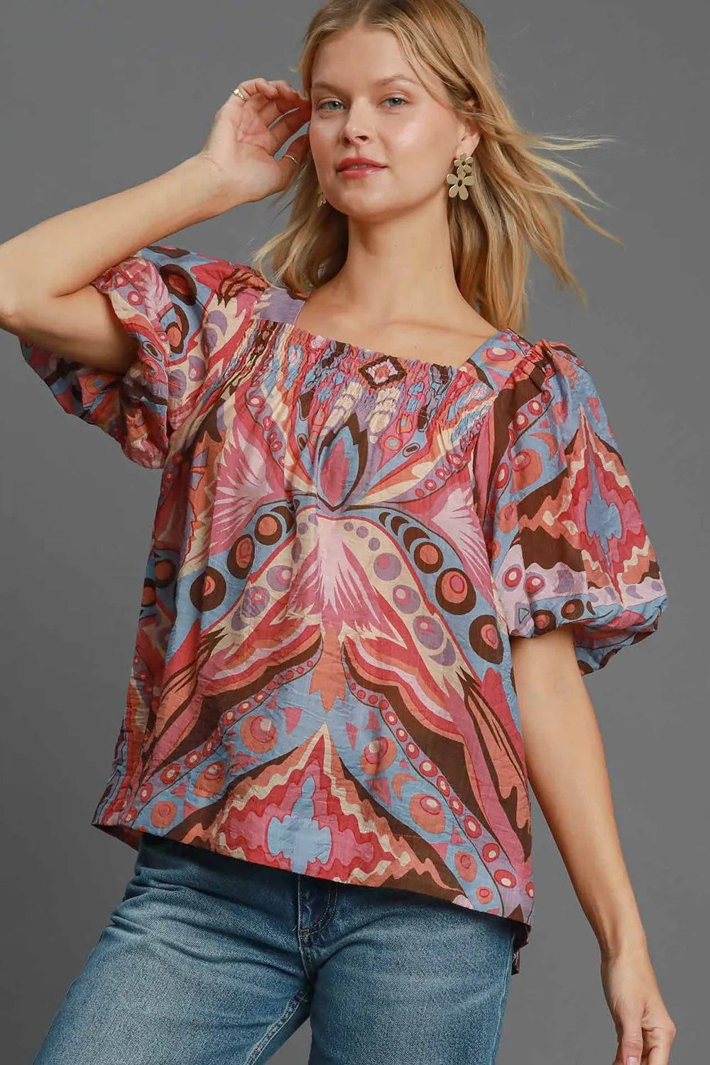Pink Abstract Print Smocked Square Neck Puff Sleeve Blouse