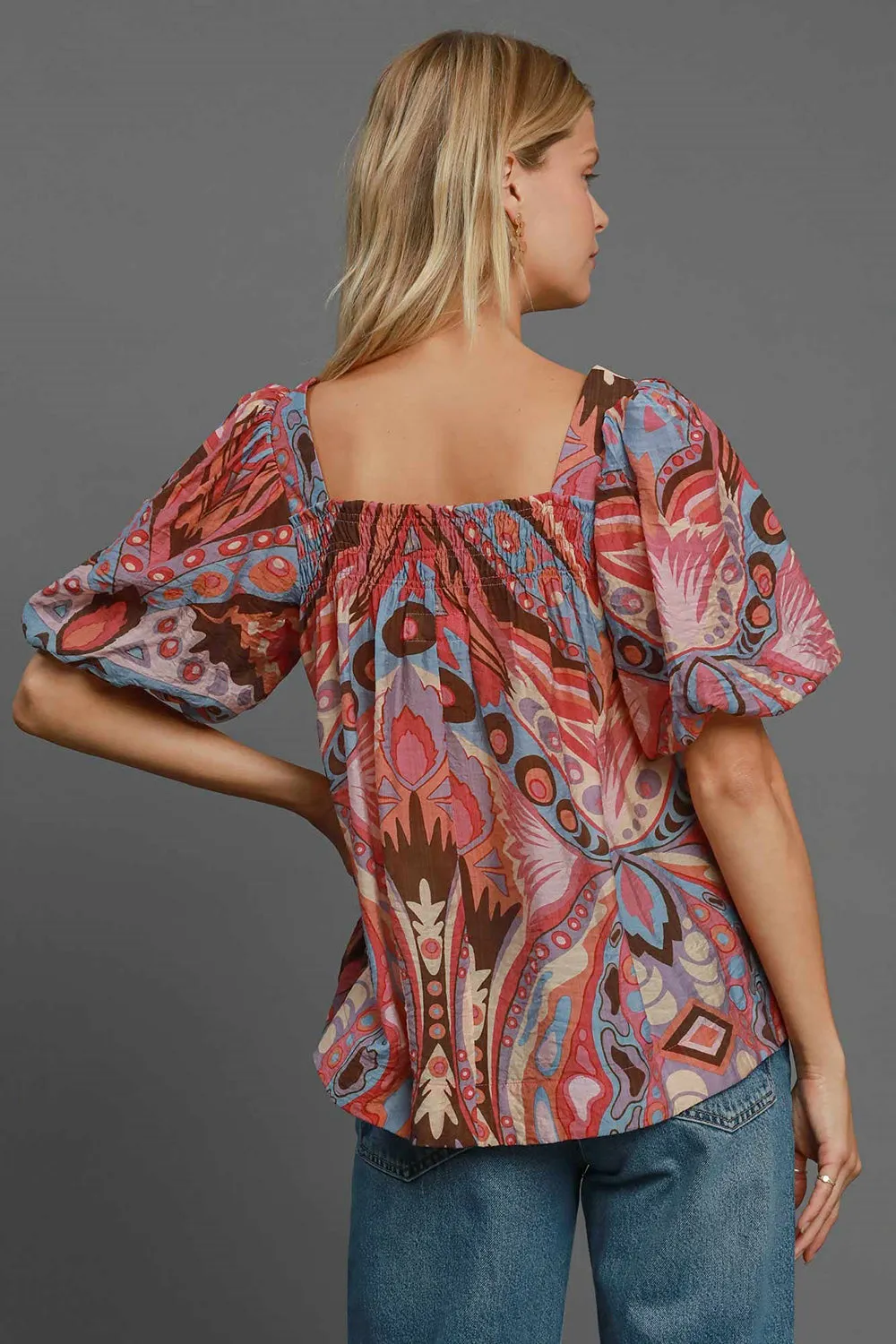 Pink Abstract Print Smocked Square Neck Puff Sleeve Blouse