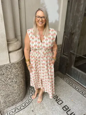 Pink Print V Neck Zip Up Dress