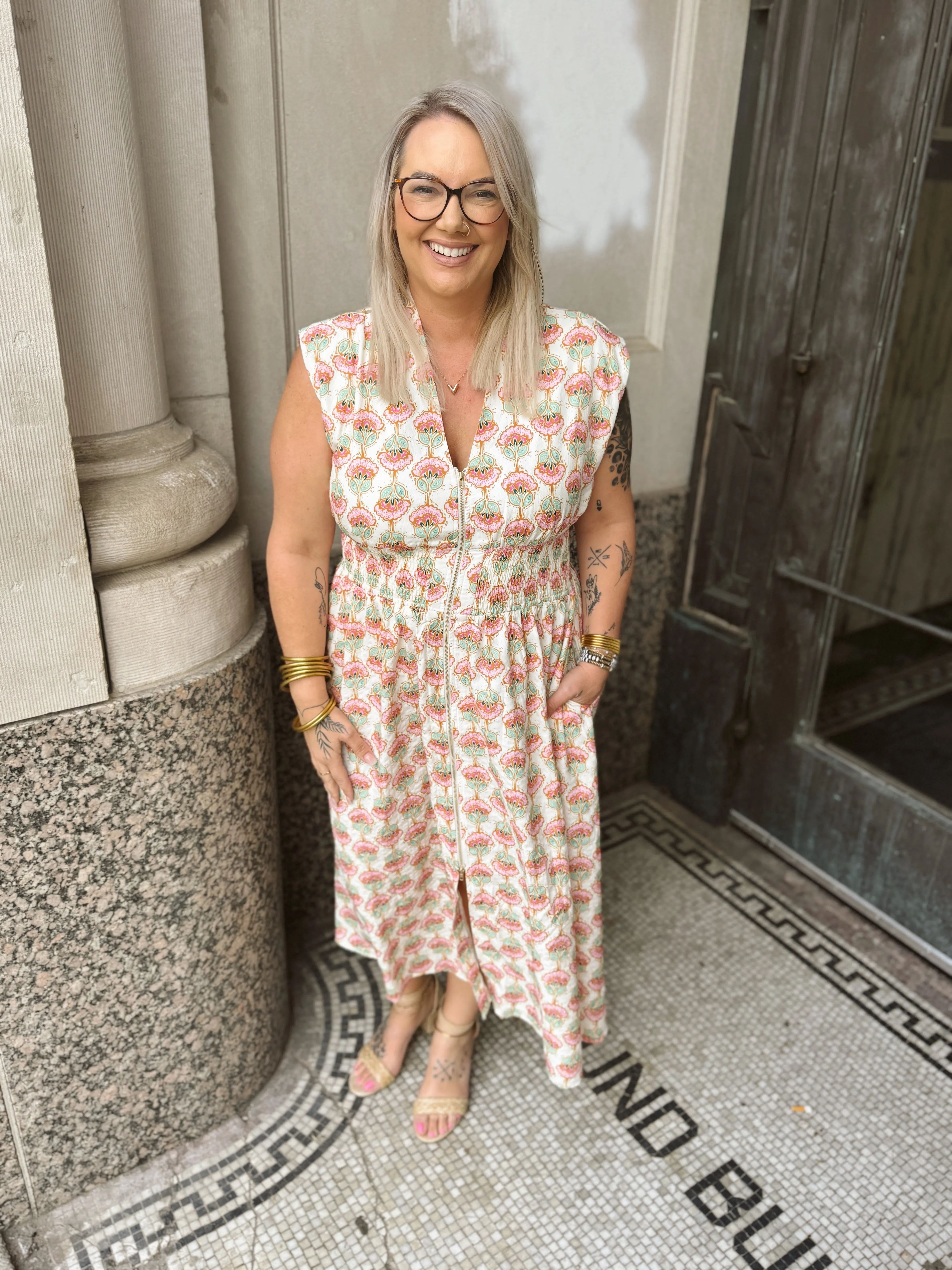 Pink Print V Neck Zip Up Dress