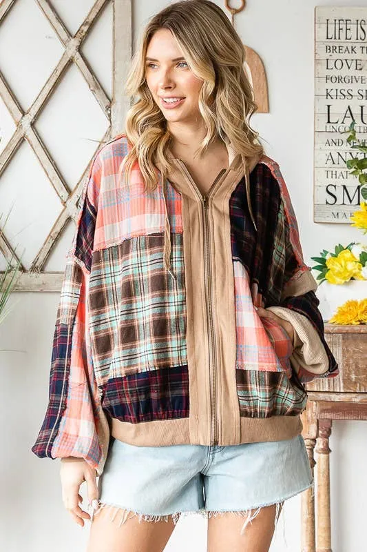 Plaid Patchwork Zip Up Oli&Hali Jacket: Beige Combo