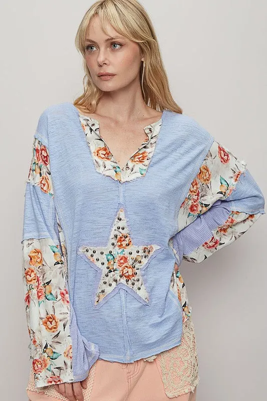 POL Floral Stud Detail Star Patch Notched Long Sleeve T-Shirt
