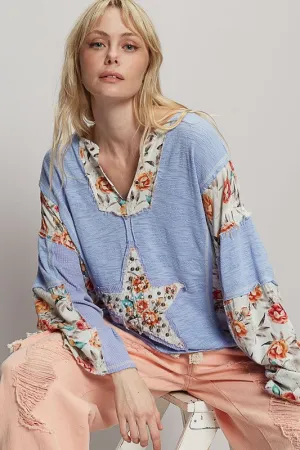 POL Floral Stud Detail Star Patch Notched Long Sleeve T-Shirt
