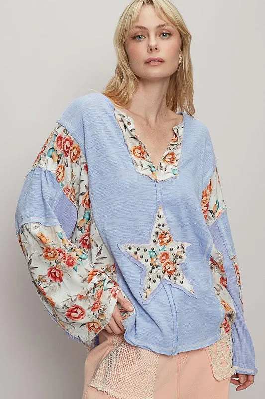 POL Floral Stud Detail Star Patch Notched Long Sleeve T-Shirt