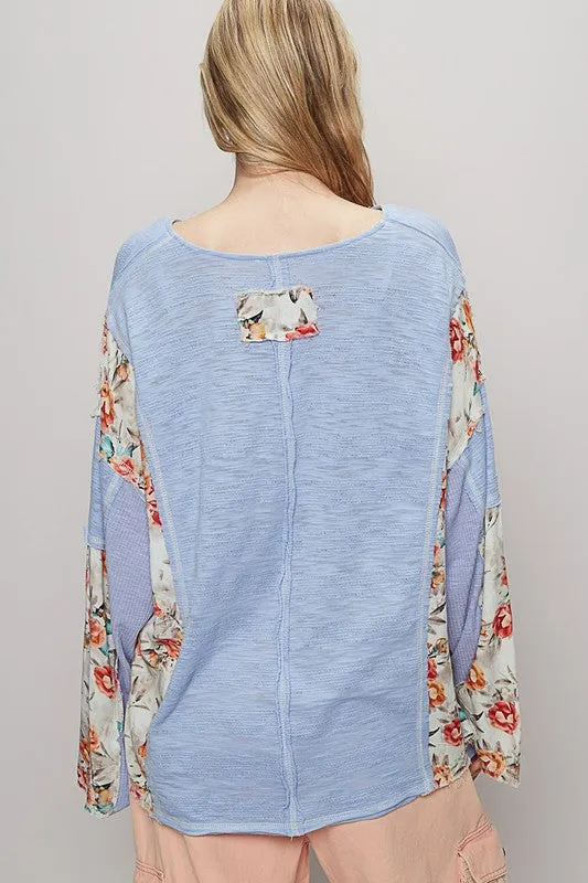 POL Floral Stud Detail Star Patch Notched Long Sleeve T-Shirt
