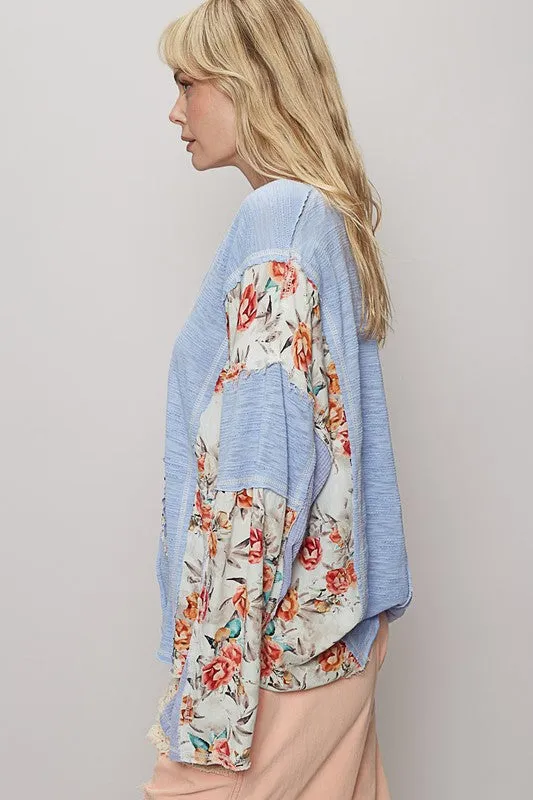 POL Floral Stud Detail Star Patch Notched Long Sleeve T-Shirt