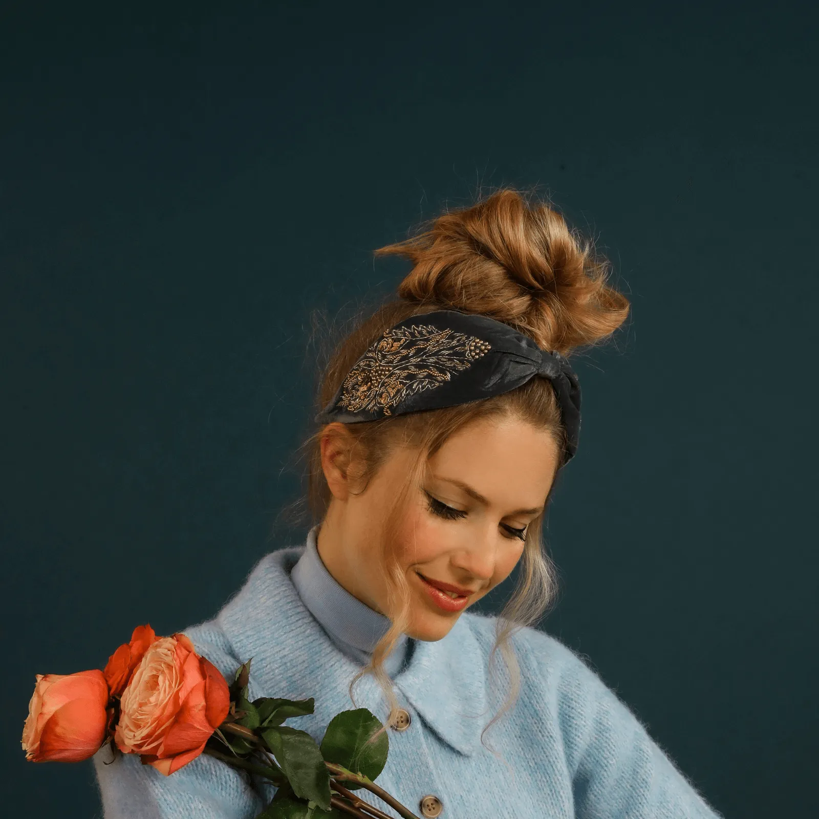 Powder Charcoal & Gold Wide Velvet Headband
