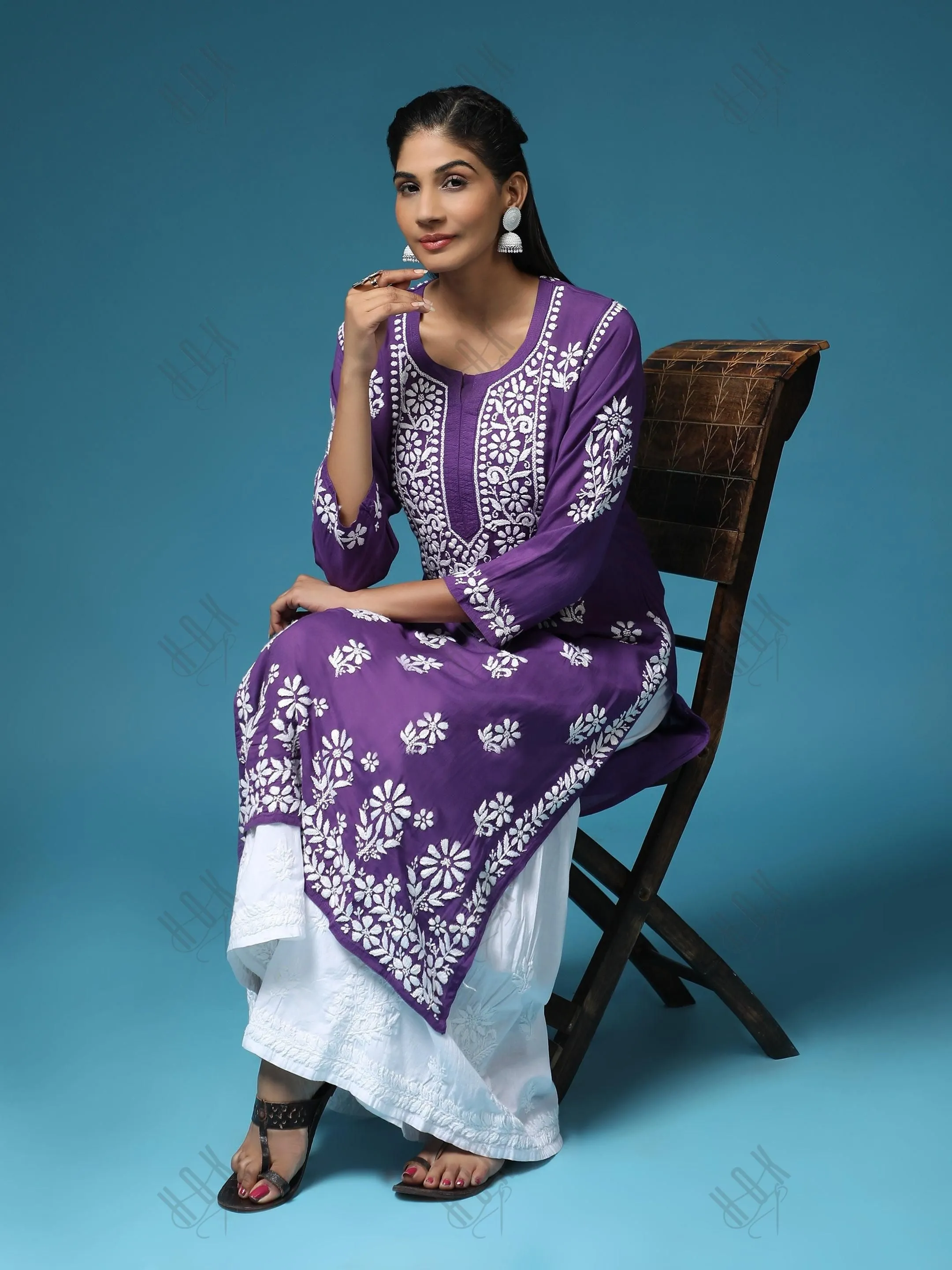Premium Hand Embroidery Chikankari Kurta Modal Cotton- Purple